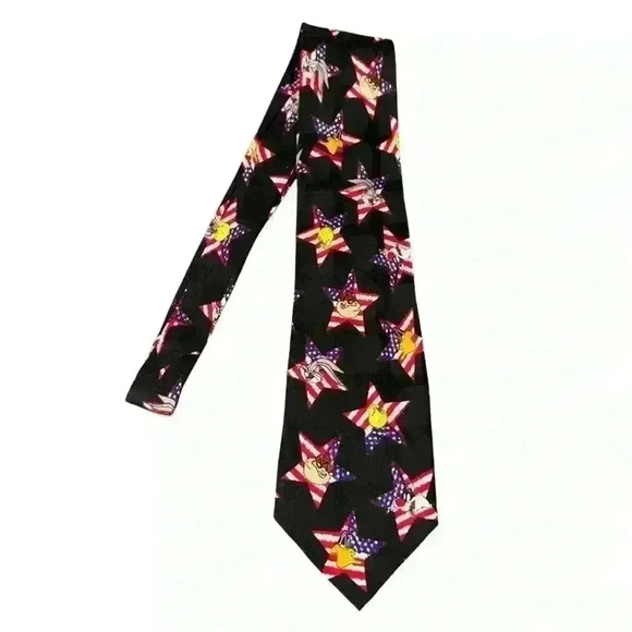 Looney Tunes Patriotic Tie 1995 Stars & Stripes Taz, Tweety, Bugs Bunny Silk - Picture 1 of 4